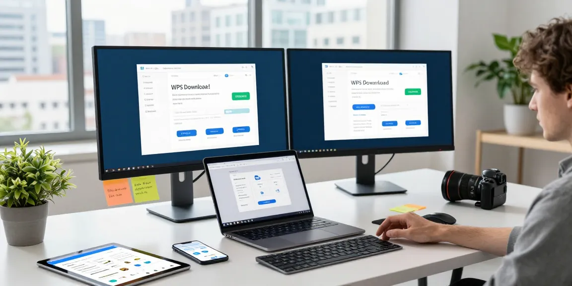 Professional downloading WPS Download software in a modern tech workspace.
