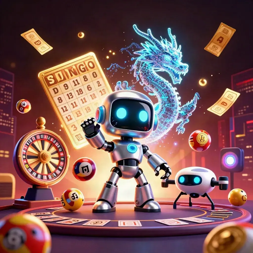 Robot cyberpunk, drago olografico e drone in un casinò live lussuoso con luci oro e ciano