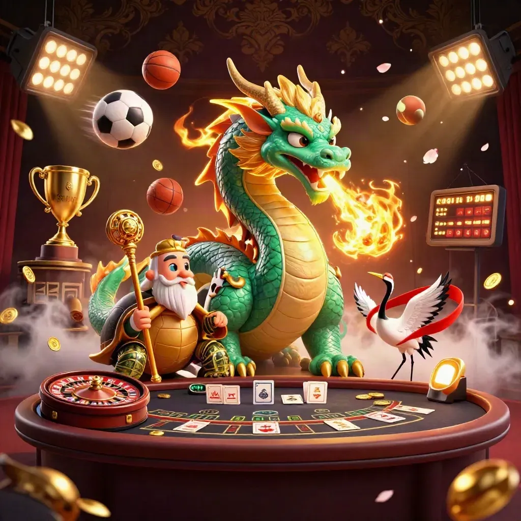 Drago smeraldo, tartaruga saggia e gru in un casino di lusso con ruota e luci neon