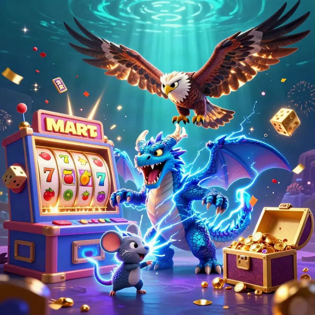Drago, falco e topo elettrici tra jackpot, dadi e forziere su fondo marino scuro.