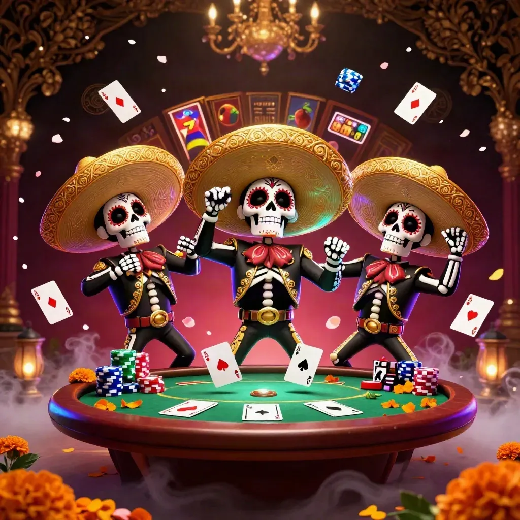 Tre scheletri mariachi danzano tra fiches, carte, petali e bagliori neon