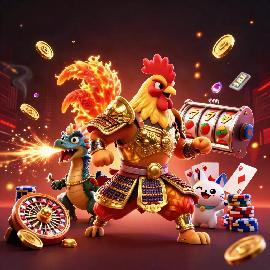 Gallo samurai, drago cucciolo e gatto fortunato tra monete, gemme e luci da casinò.