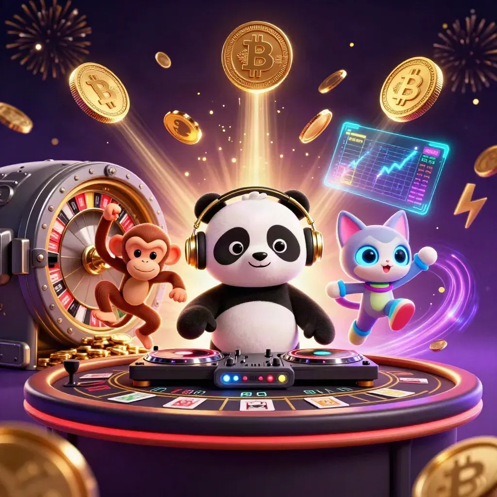 Panda DJ, scimmia e gattino rave tra monete d’oro, luci neon e atmosfera da casino.