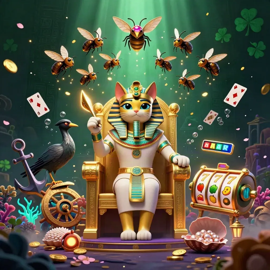 Gatto faraone 3D su trono d’oro con ibis e scarabei, tra monete, coralli e simboli slot.