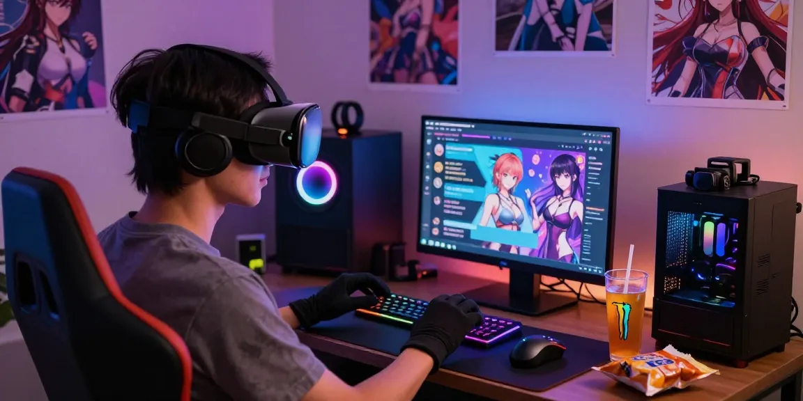 Engaging ai hentai chat experience with user interacting in immersive gaming setup.
